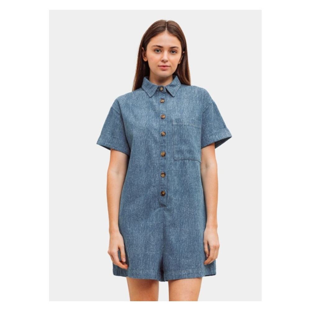 FRNCH Paris LEOLINE Button Front Boxy Patch Pocket Denim Romper Blue Size M $78 - Picture 3 of 7